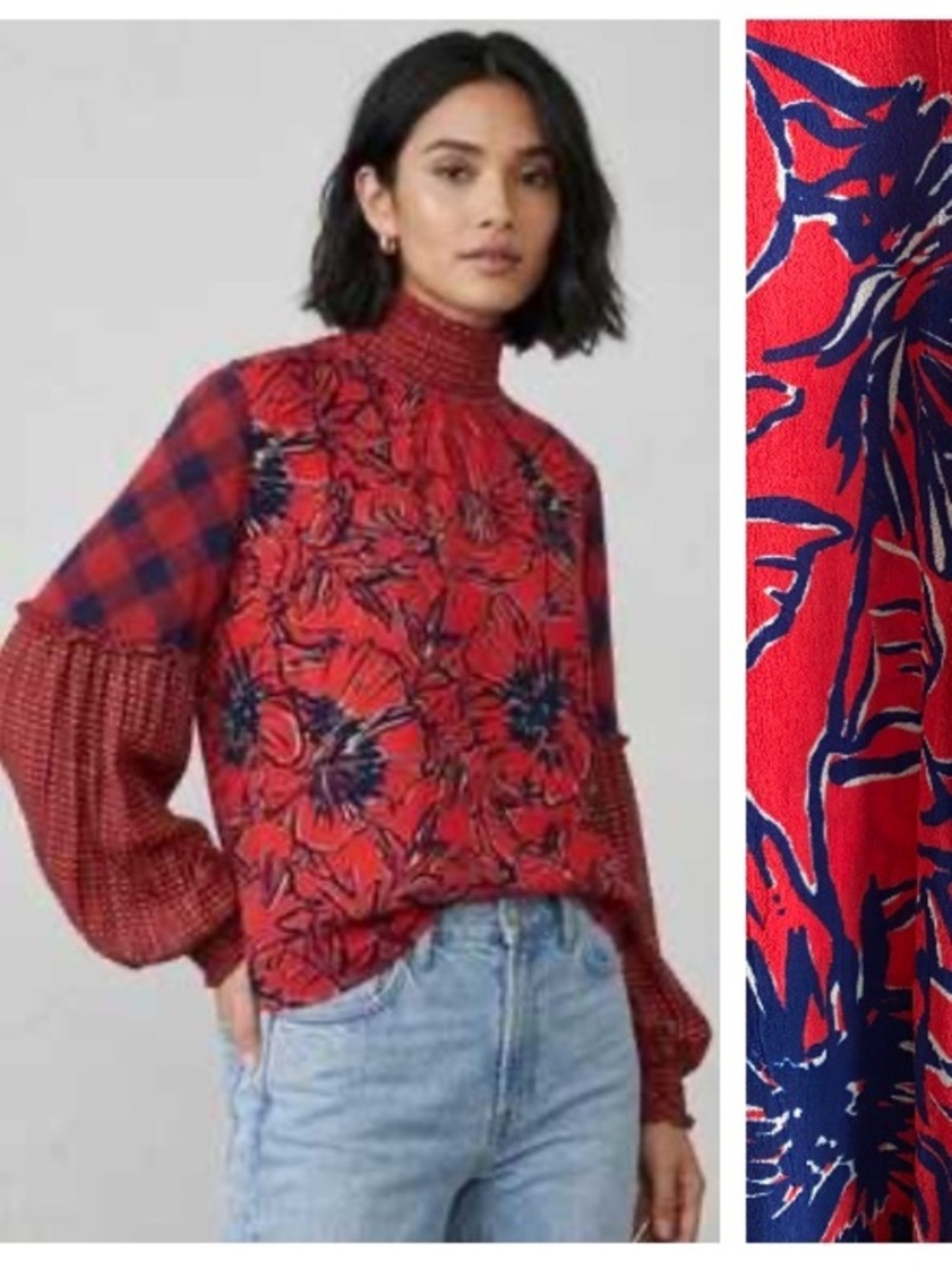 Anthropologie BlAnk Mixed Motif Red Blue Mock Neck Top XS